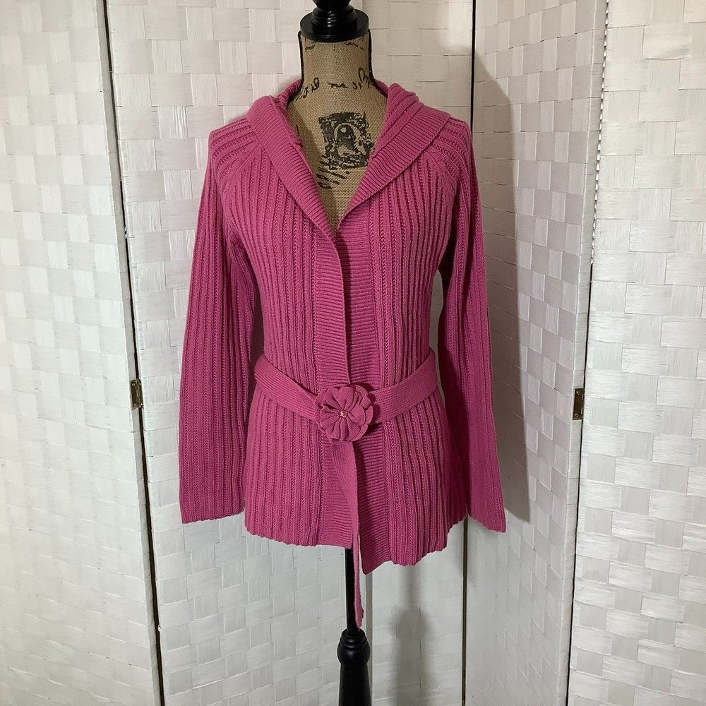 one step up pink belted cardigan sweater size large winter fall
